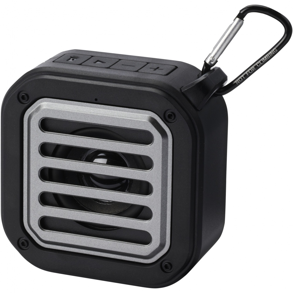Logotrade promotional merchandise picture of: Solo 3W IPX5 RCS recycled plastic solar Bluetooth® speaker with carabiner 