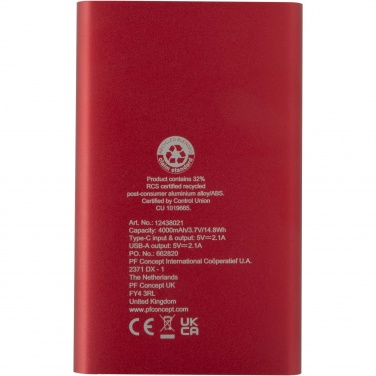 Logo trade promotional gift photo of: Pep 4000 mAh Type-C recycled aluminium power bank 