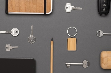 Logotrade promotional giveaway image of: RCS recycled zinc alloy rectangle keychain with bamboo