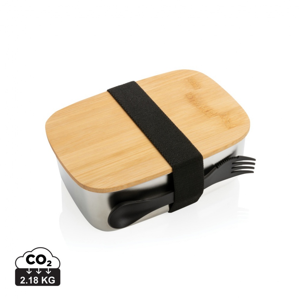 Logo trade promotional merchandise picture of: Stainless steel lunchbox with bamboo lid and spork