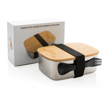 Logo trade promotional products image of: Stainless steel lunchbox with bamboo lid and spork