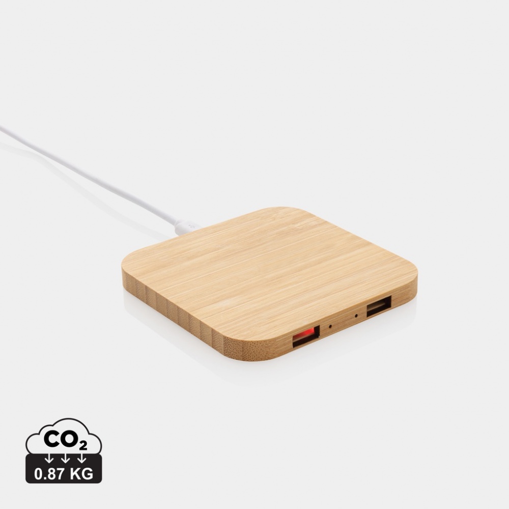 Logo trade promotional gift photo of: Bamboo 10W wireless charger with USB