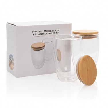 Logo trade corporate gift photo of: Double wall borosilicate glass with bamboo lid 350ml 2pc set