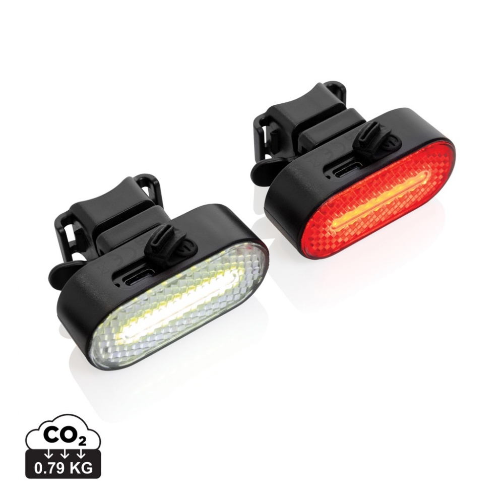 Logotrade promotional product image of: Lumino RCS recycled plastic USB re-chargeable bike light set