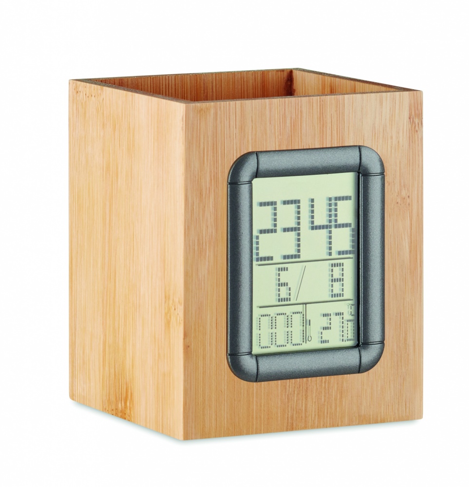 Logo trade promotional products picture of: Bamboo pen holder and LCD clock