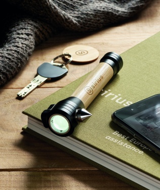 Logo trade promotional gifts picture of: 3-in-1 bamboo flashlight with an emergency hammer and seatbelt cutter
