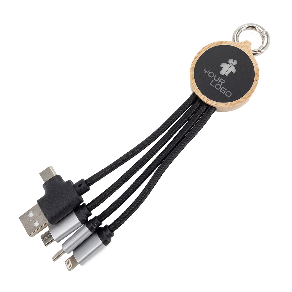 Logo trade promotional giveaways picture of: 4-in-1 cable with elighted logo in a wooden casing, LH-ZMU05