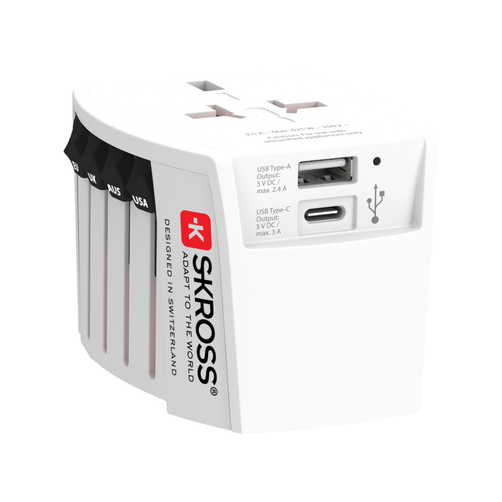 Logo trade advertising products picture of: SKROSS World Travel Adapter MUV 2-pole with USB A and C
