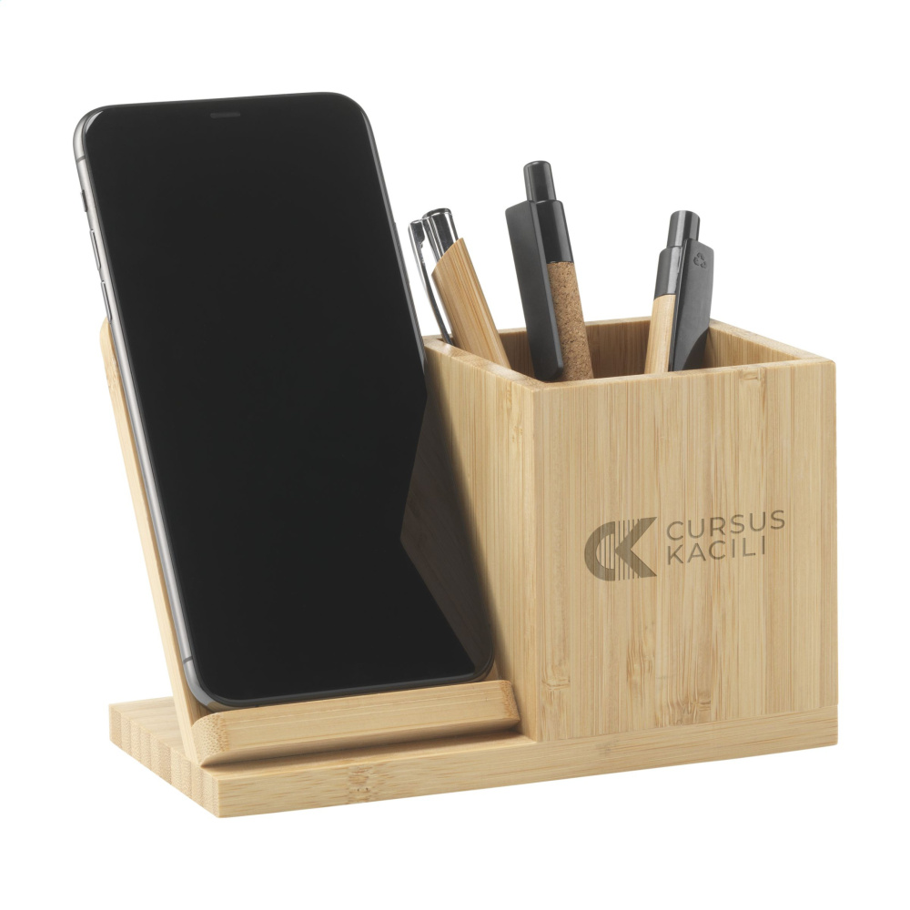 Logo trade corporate gifts image of: Bamboo Boss 15W charger/pen holder