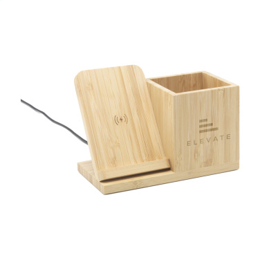 Logo trade promotional gift photo of: Bamboo Boss 15W charger/pen holder