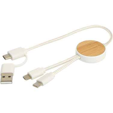 Logotrade promotional product image of: Chechia 5-in-1 recycled plastic 30 cm data sync and 27W fast charge cable with bamboo details