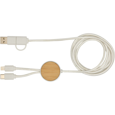 Logo trade advertising products picture of: Chechia 5-in-1 recycled plastic 150 cm data sync and 27W fast charge cable with bamboo details