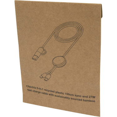 Logo trade promotional gifts picture of: Chechia 5-in-1 recycled plastic 150 cm data sync and 27W fast charge cable with bamboo details
