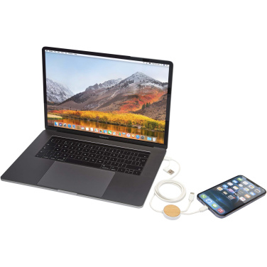 Logotrade promotional product image of: Chechia 5-in-1 recycled plastic 150 cm data sync and 27W fast charge cable with bamboo details