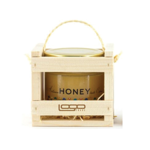 Logo trade promotional merchandise photo of: ##Flower honey in a wooden box, 300 ml with custom design