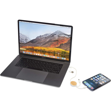 Logotrade liikelahja mainoslahja kuva: Chechia kierrätysmuovinen 30 cm:n ja 27 W:n datasynkronoiva 5-in-1-pikalatauskaapeli bambukoristeilla